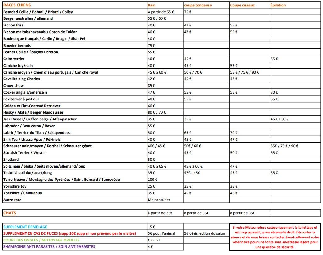 Tarif toilettage oct23